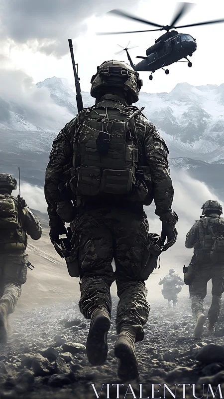 Soldiers advance through rugged valley under tactical helicopter