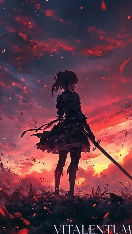 Lone swordswoman confronts a burning crimson battlefield sky