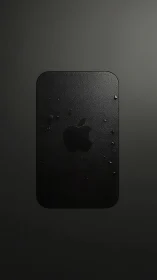 Black Apple device with water droplets on dark background.