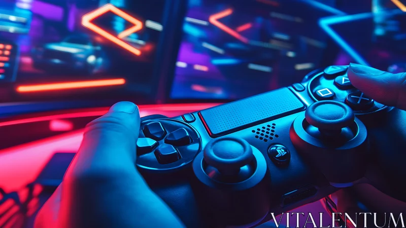 Electric thumbs pilot neon worlds through glowing gamepad