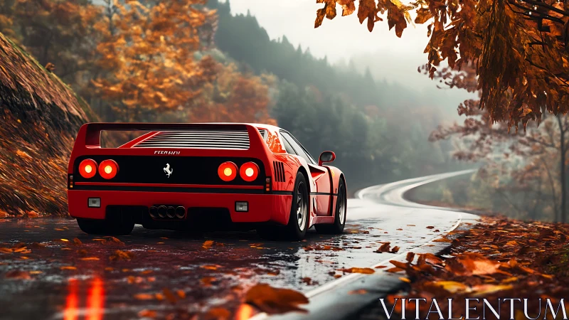 Red sports car is positioned on wet winding forest road
