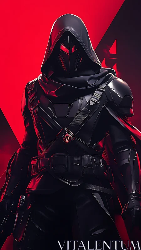 Midnight striker in obsidian armor against crimson void.