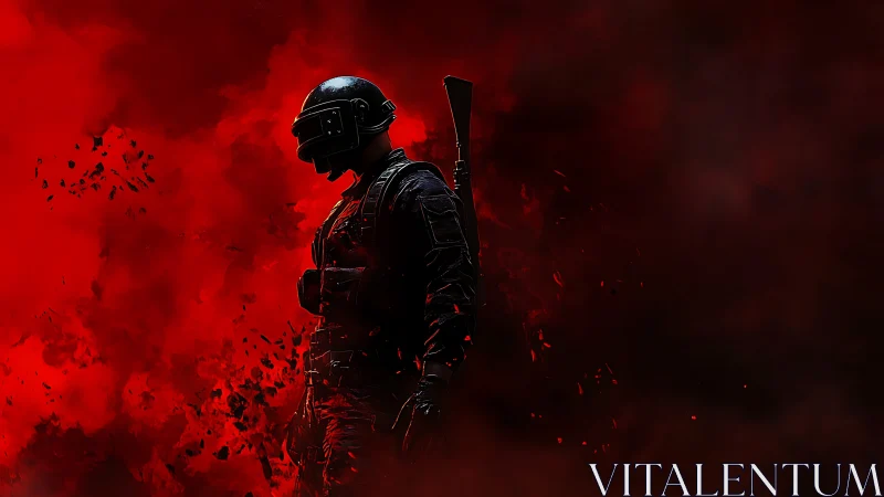 Helmeted soldier silhouette stands against dense red smoke