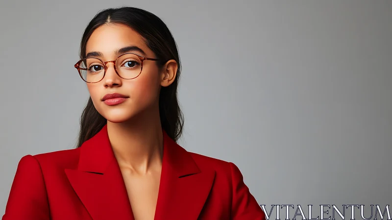 Confident young woman in red blazer with glasses, modern portrait.