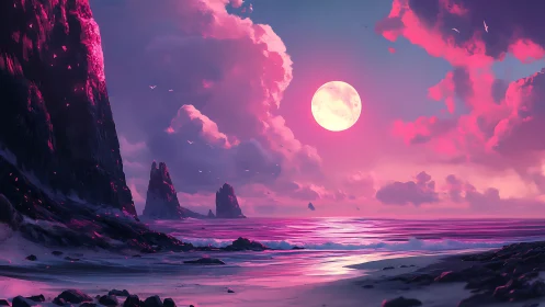 Neon moonrise bathes surreal ocean cliffs in radiant pink glow