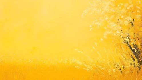 Golden meadow and abstract tree in luminous haze.