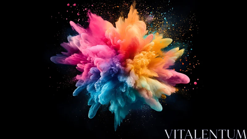 Chromatic powder explosion forms radial abstract nebula in void