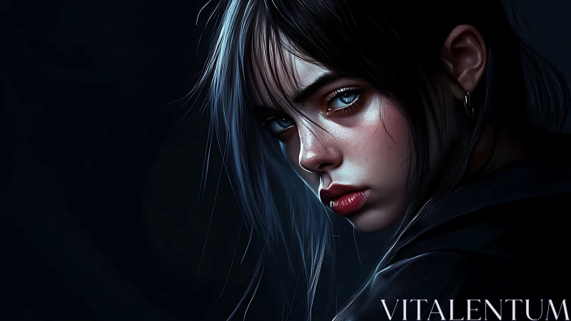 Cinematic digital portrait of brooding young woman in shadow
