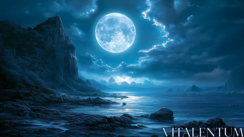 Luminous full moon over crystalline tidal seascape at night.