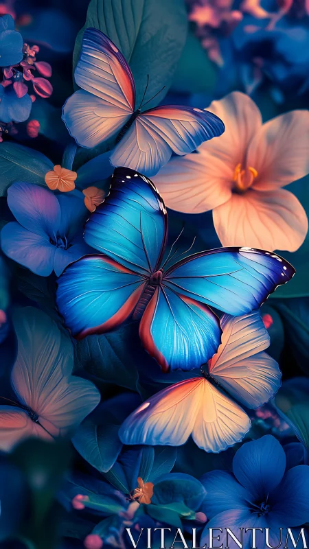 Vivid blue butterflies glow over neon-lit garden blooms.