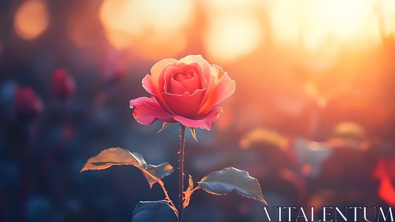 Red Rose with Golden Hour Bokeh Illumination. Photorealistic rendering at sunset.