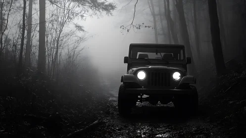 Headlights carve ghostly tunnels through a fog-drowned forest road