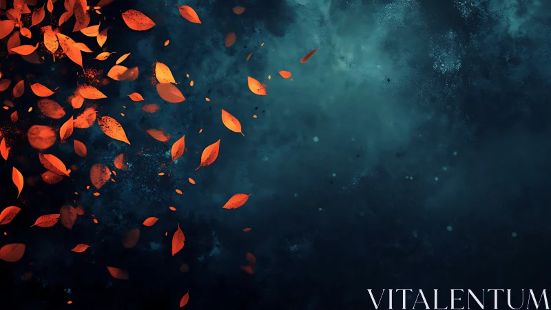 Fiery autumn leaves scatter across deep teal night sky.