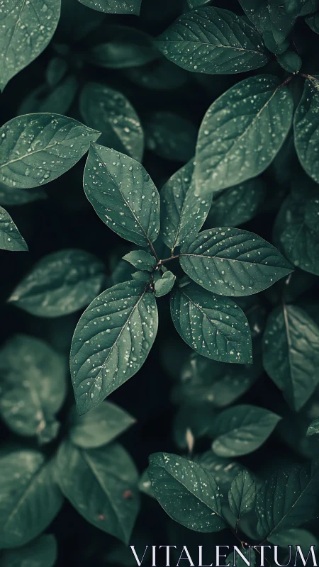 Moody macro foliage study with rain-kissed green leaves.