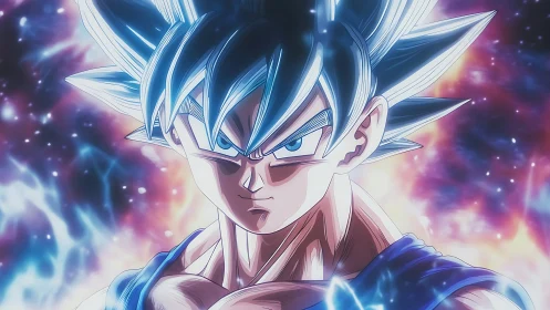 Spiky haired anime warrior with glowing energy aura field.