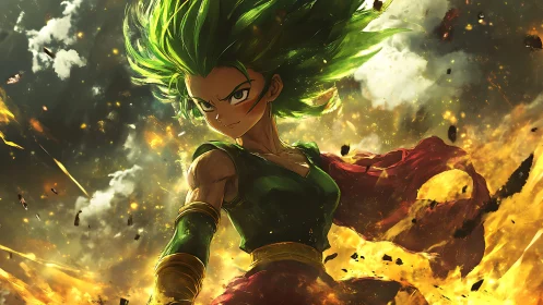 Green-haired anime fighter amid explosive energy field.