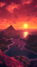 Digital coastal landscape under saturated red sunset sky.