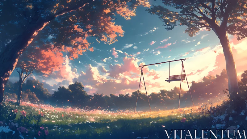 Swing structure stands in flowered meadow under diffuse sunset light