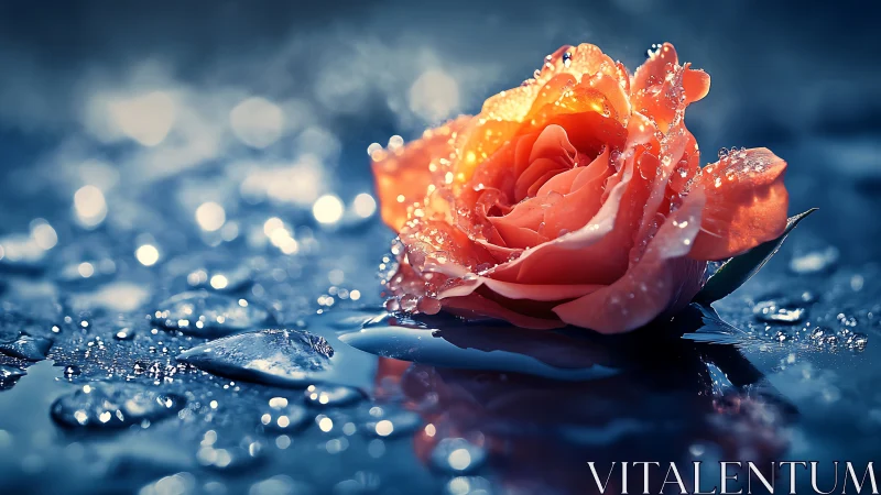 Macro study of dewy orange rose on reflective wet surface