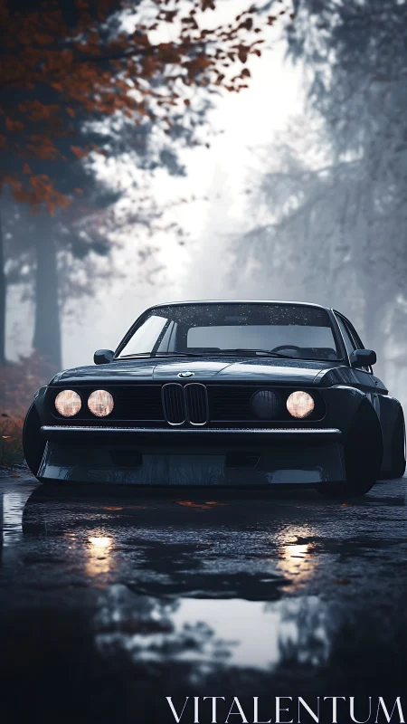 Low-slung classic coupe on wet forest road under diffuse fog