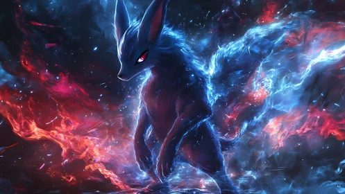 Stormlit fox guardian glowing in swirling red and blue light.