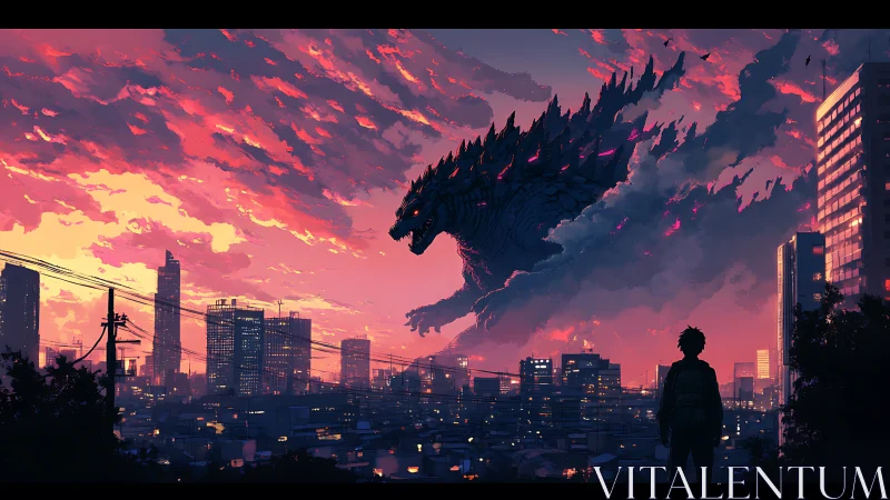 Giant monster silhouette traverses sunset city skyline