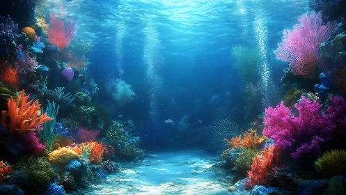 Colorful coral reef seafloor under clear sunlit water.