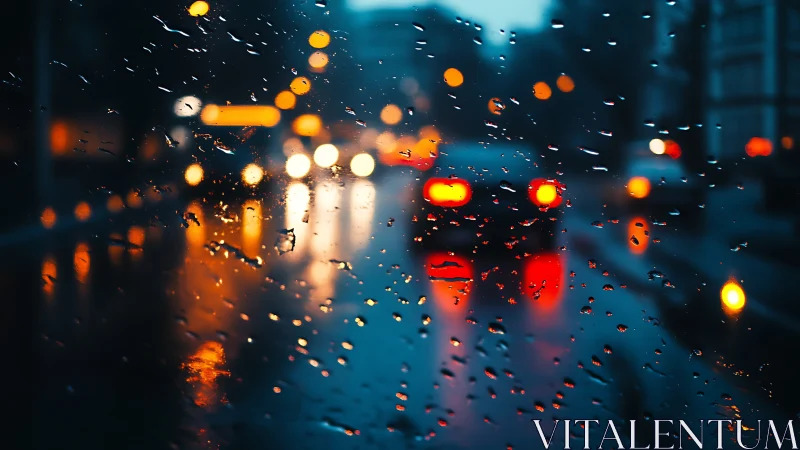 Rain covered car window with blurred urban traffic lights.