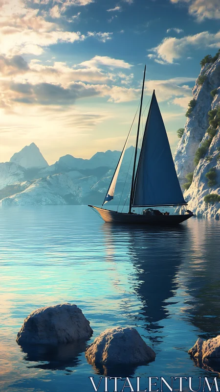 Sailboat cuts silver bay beside sunlit cliffs and peaks.