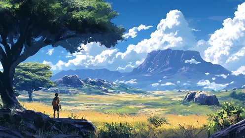 Solitary figure observing distant mesa across open plain.