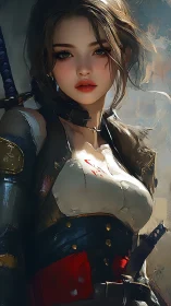 Painterly warrior portrait shows glossy armor, soft bokeh lighting