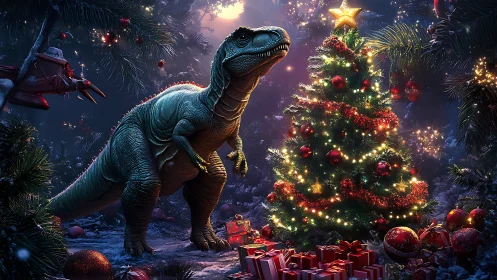 Joyful dinosaur pauses to admire a glowing Christmas tree