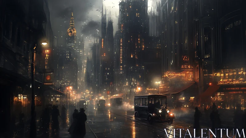 Noir retrofuturist avenue glows under rainy neon night.