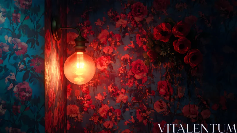 Incandescent wall sconce illuminating saturated floral wallpaper