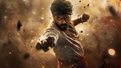 Storm-lit fighter hurtles forward, punching through flying embers