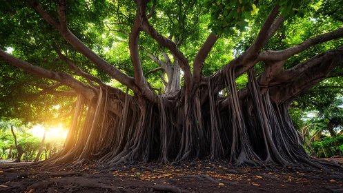 Massive banyan tree with sprawling aerial roots at sunset.
