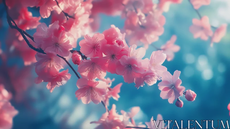 Pink Cherry Blossoms Against Clear Blue Sky with Selective Focus