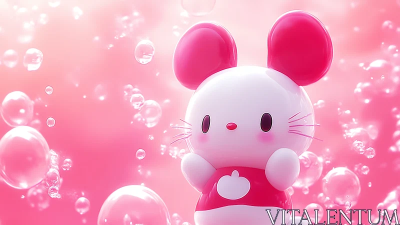 Pink toy mouse character in soft floating bubbles scene.