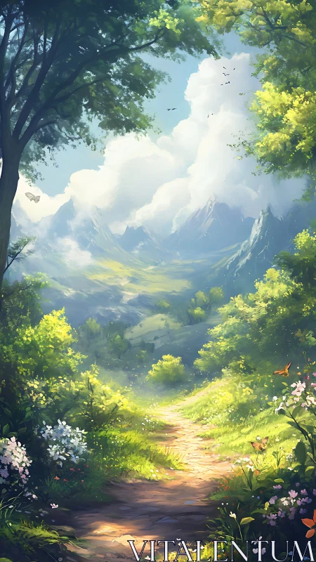 Alpine Valley Path Framed by Luminous Canopy and Distant Peaks