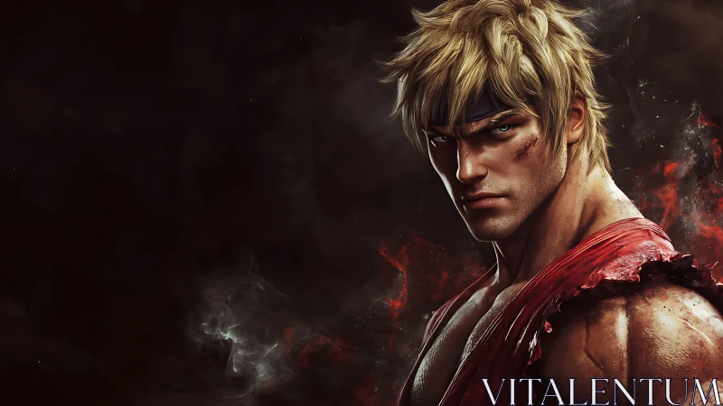 Battle-worn fighter stands strong in swirling ember light.