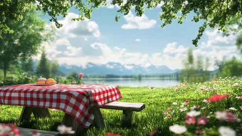 Picnic table by lake with mountains and wildflower meadow.