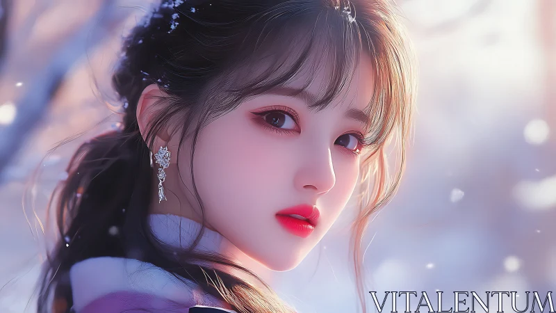 Winter portrait of luminous girl in soft anime rendering.