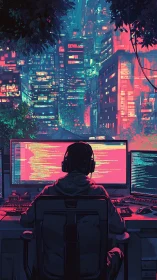 Night coder at multi-monitor desk in neon city office.