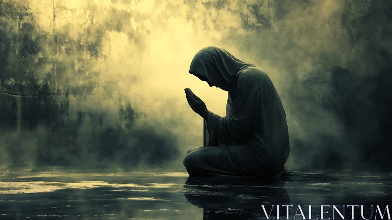 Quiet hooded figure in mist, cradling a private prayer.