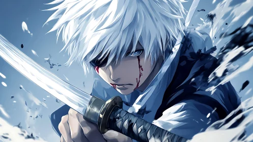White-haired swordsman in icy blue battle fury portrait.