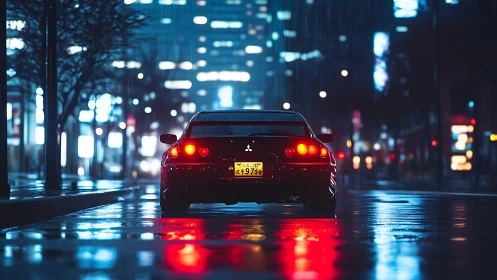 Sleek city coupe waiting in the glow of a rainy night street.