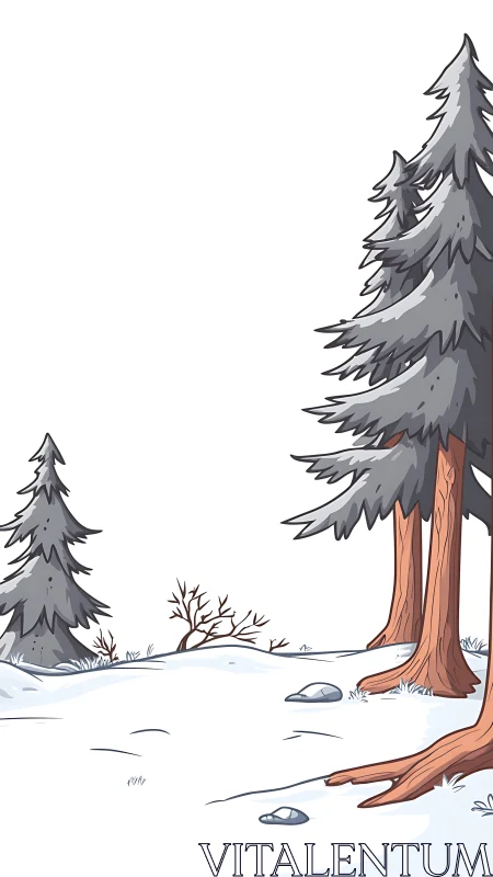 Stylized conifer forest under snow rendered in clean cartoon line