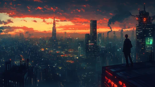Cyberpunk observer over neon city at burning sunset.