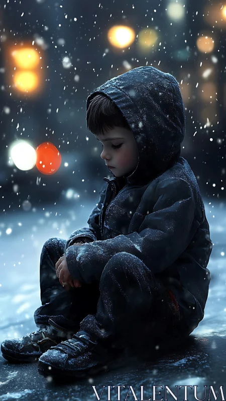 Solitary child in hooded coat under cinematic urban snowfall.