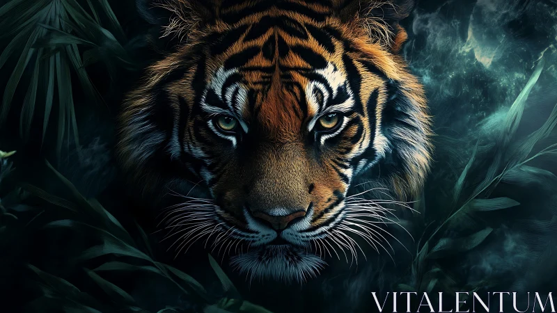 Hyperreal tiger portrait advances through atmospheric jungle fog